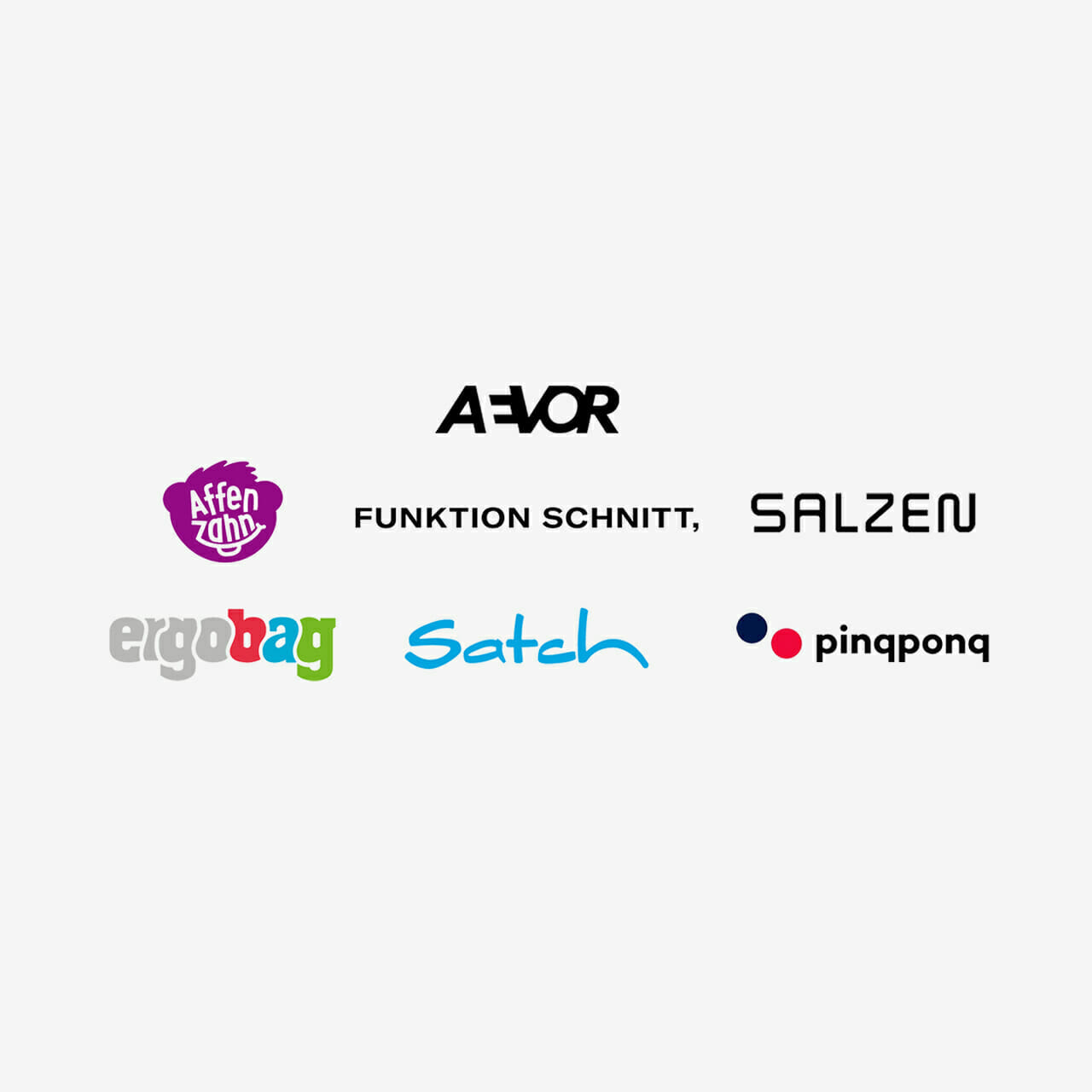 Logos of brands arranged in two rows: bottom row starting from left includes ergobag, Satch, and pinqponq; top row starting from left includes Affenzahn, AEVOR, Funktion Schnitt, and SALZEN. This step-by-step replatforming showcases an elegant brand transition.