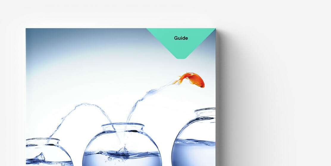 A goldfish jumps from one water-filled glass bowl to another with a third bowl nearby. The image corner has a green triangle with the text "Guide," symbolizing adaptability in rapidly changing markets.