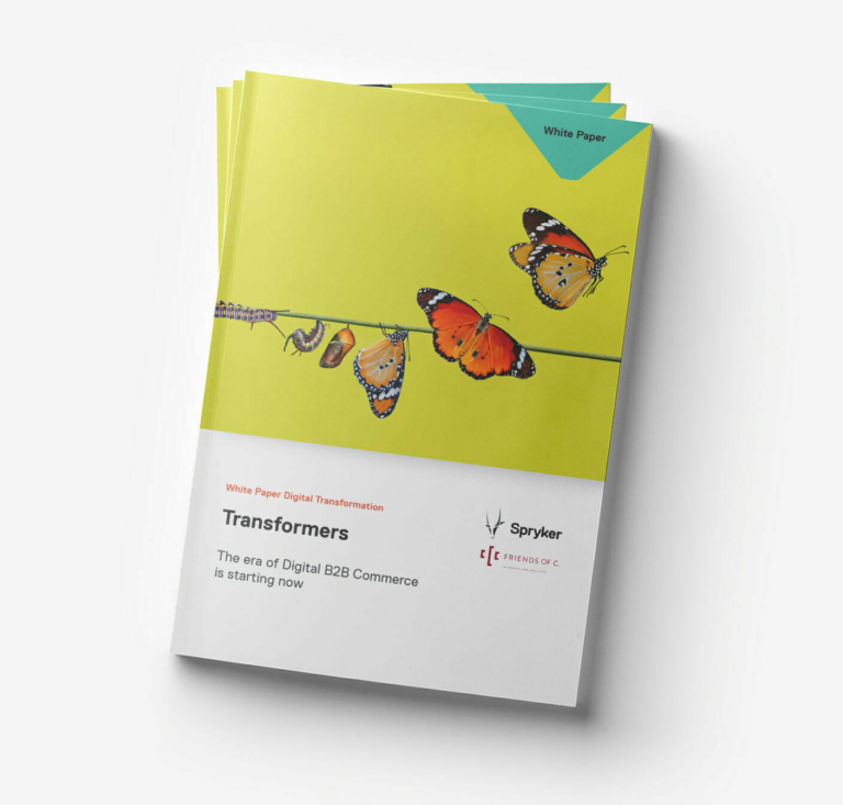 A white paper titled "Transformers: The era of Digital B2B Commerce is starting now," featuring butterflies and a chrysalis on the cover.