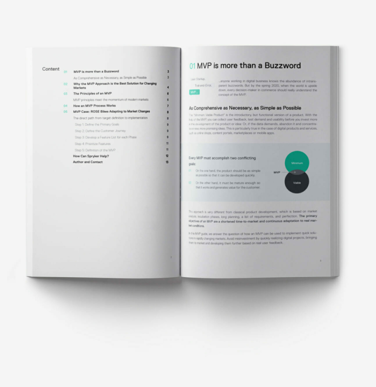 An open book displays the contents page on the left and the start of the first chapter on the right, titled "MVP is more than a Buzzword," with insights into customer acquisition and retention.