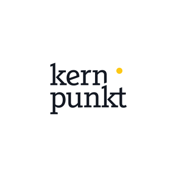 A diamond-shaped logo with the name “kernpunkt” written in lowercase black text and a small yellow dot above the "k" in “punkt”, all set against a white background, evokes the sleek elegance of brands like Tom Tailor.