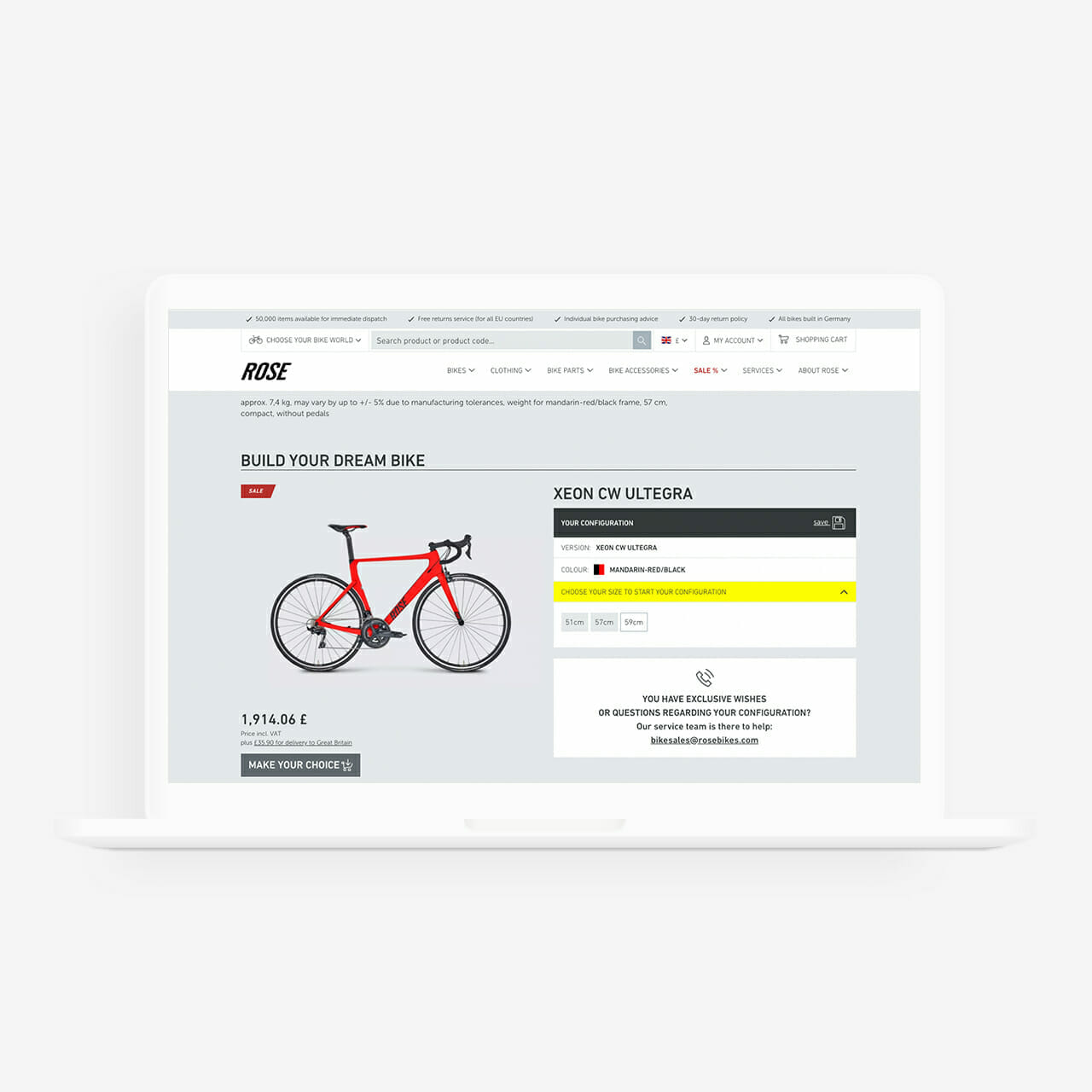 A laptop displays a webpage featuring a red Xeon CW Ultegra bicycle by ROSE Bikes with an option to customize the bike. A price of 1,914.6€ is shown along with a contact email, offering a glimpse into premium race technology ownership.