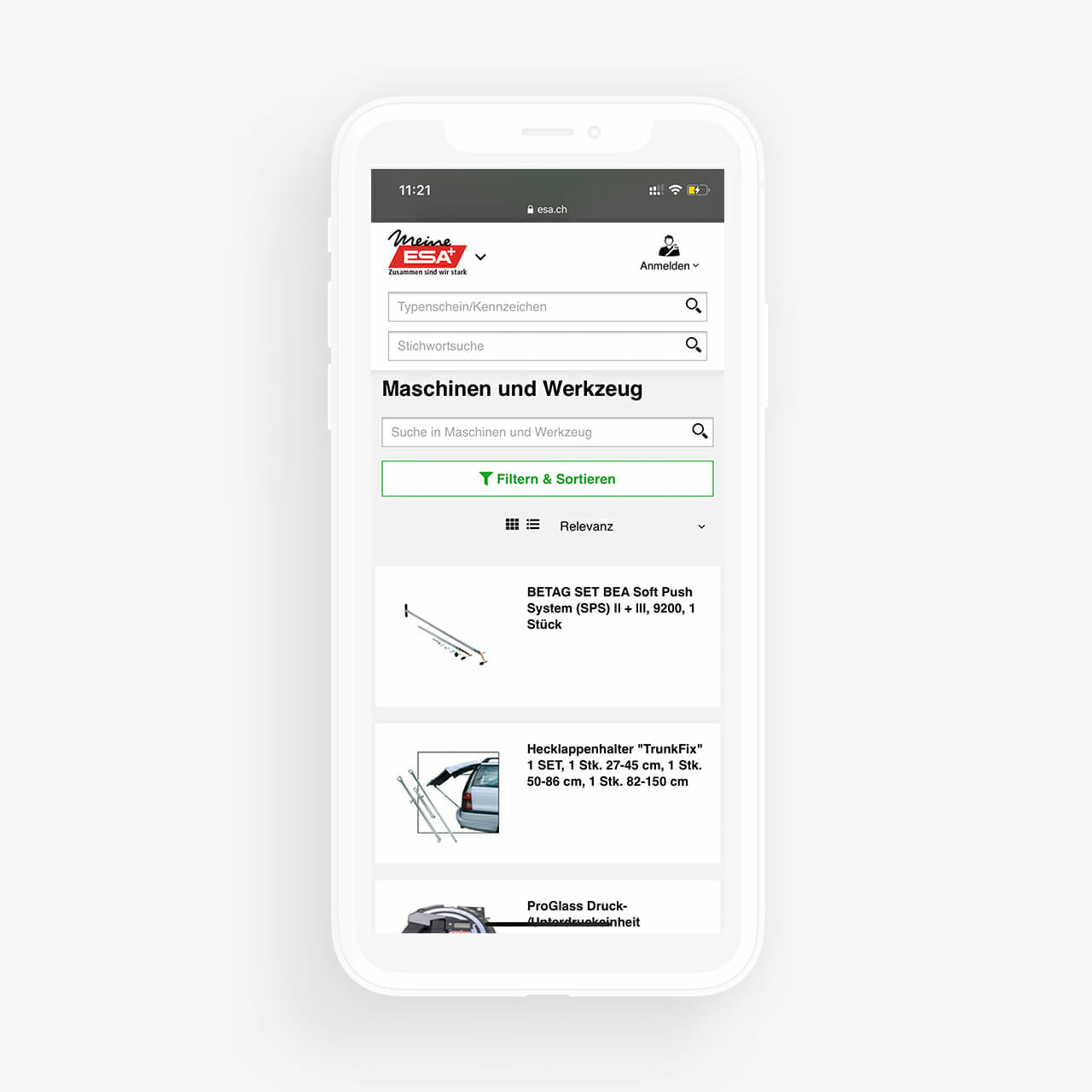 A smartphone displaying an online shopping app interface for "Maschinen und Werkzeuge," featuring a search bar, filter options, and a list of tool products including BETAG SET BEA Soft Push System. The seamless integration with ERP systems ensures efficient inventory management.