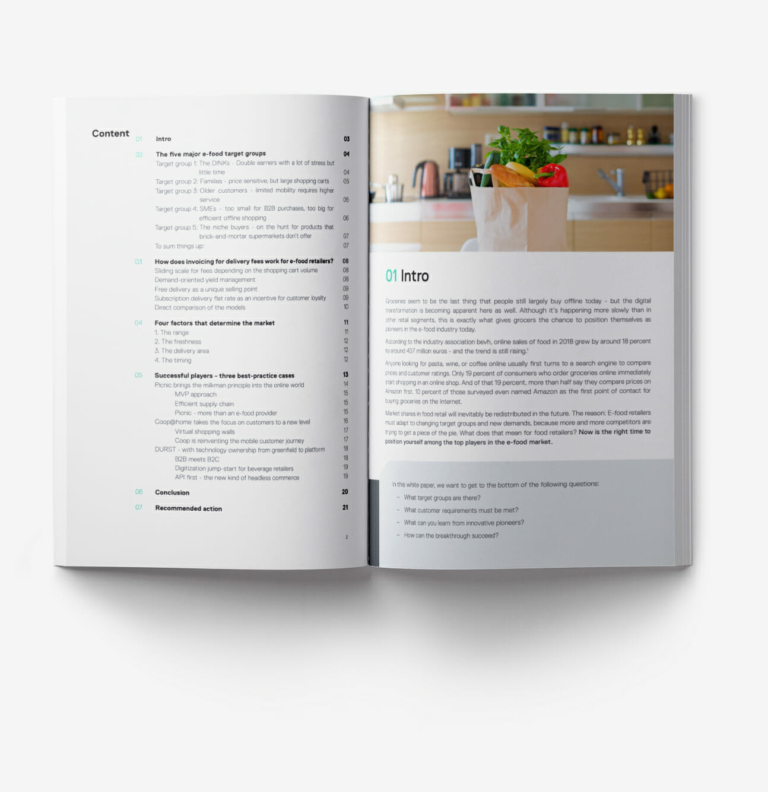 An open book laying on a white surface, featuring a table of contents on the left page and an introduction section on the right page. The introduction discusses digital trends affecting today's retail industry, with a focus on how online supermarkets are becoming market leaders.