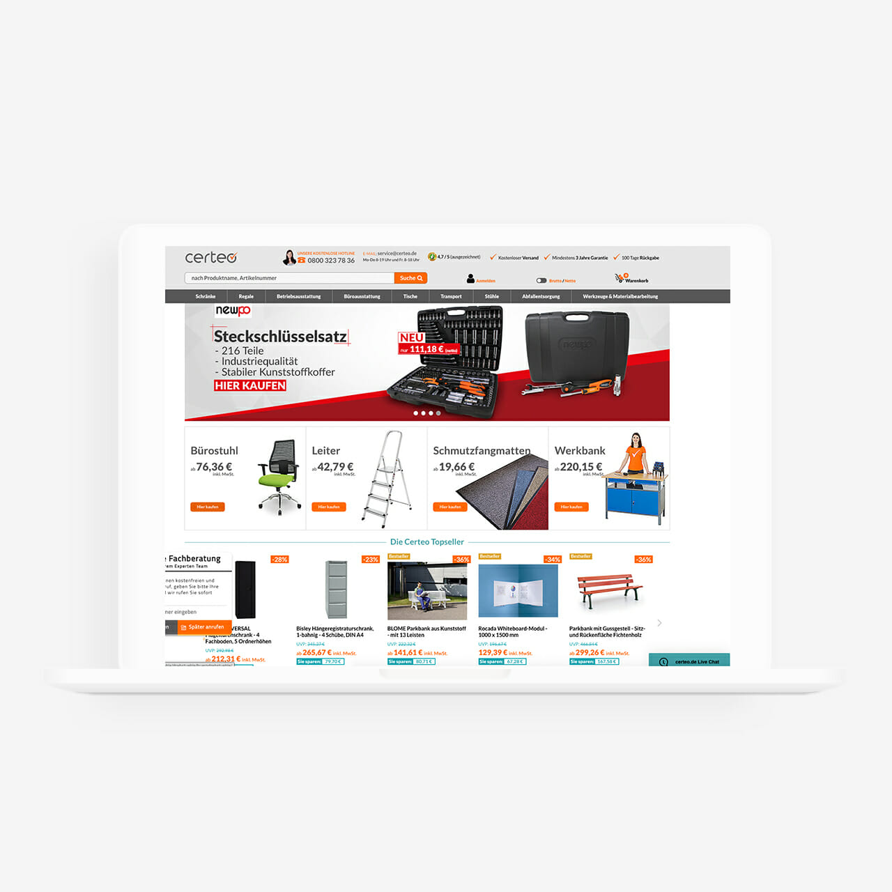 A webpage displaying various tools and supplies for sale, including a socket set, ladder, and workbench. Each product has a price listed below it, with the website's header and navigation visible. Certeo simplifies B2B procurement by offering a streamlined shopping experience.