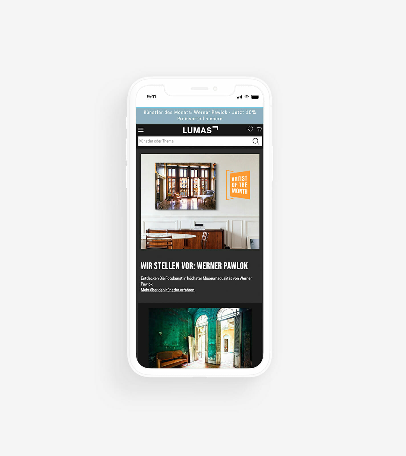 A smartphone displays the LUMAS website, showcasing an artist's work and an exhibition section, catering perfectly to both seasoned collectors and first-time art buyers.