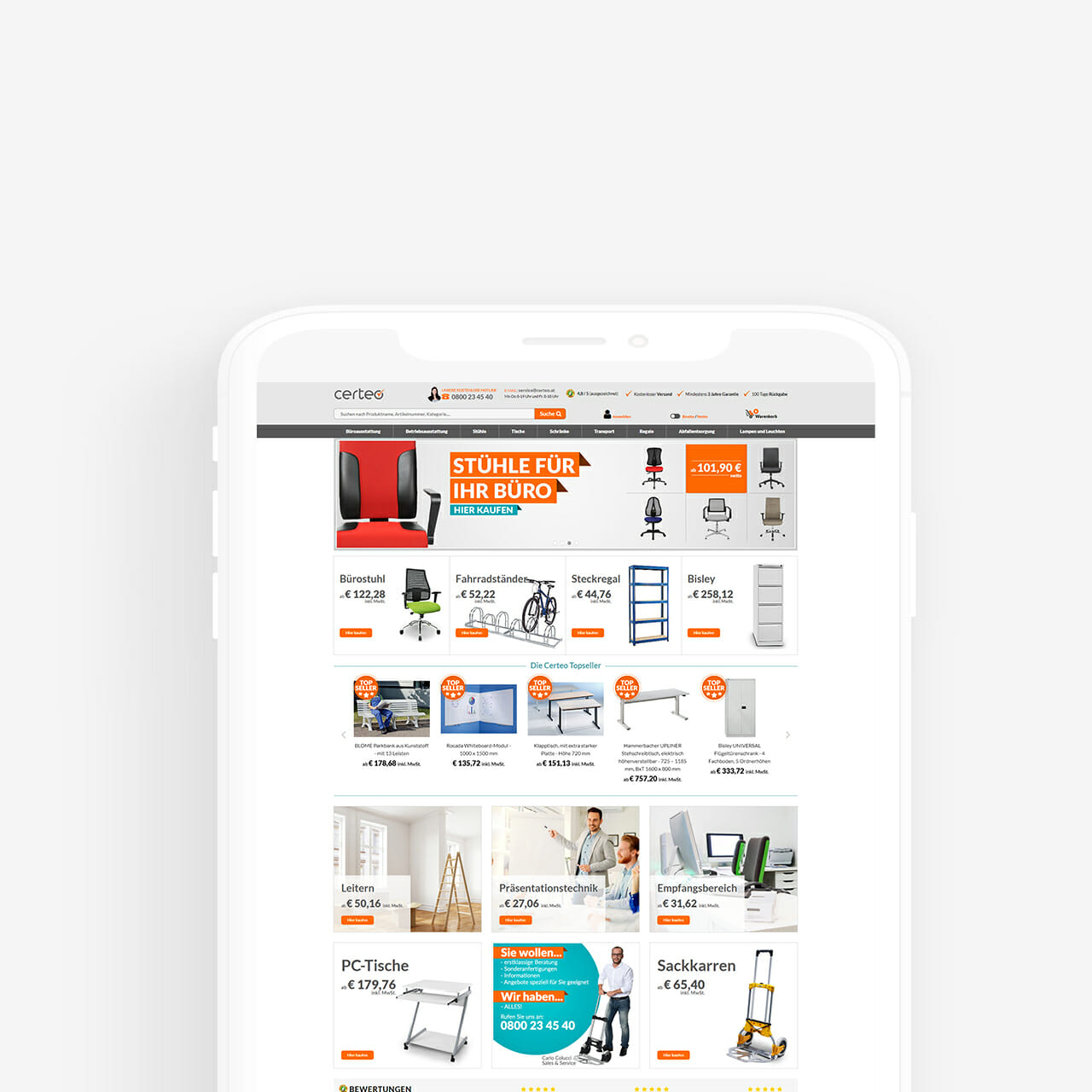 A smartphone displays an online store webpage in German selling office chairs, desks, and various office supplies with product images, descriptions, and prices. Ideal for B2B procurement needs, Certeo offers a wide range of products tailored for professional environments.