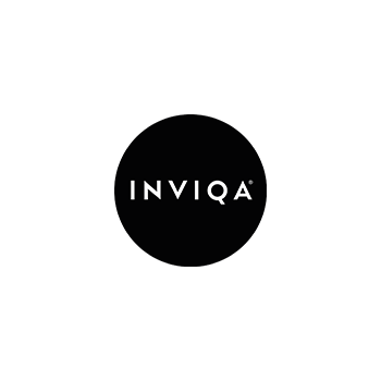 A logo featuring the word "INVIQA" in white text on a black circular background, centered within a white diamond shape that subtly incorporates Kömpf at the edges.