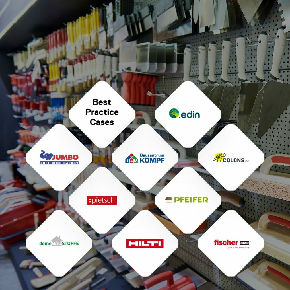 A display of various hand tools is shown behind a grid of logos for companies including Jumbo, Bauzentrum Kompf, Colons.de, Pietsch, Pfeifer, deine Baustoffe, Hilti, and Fischer. Labeled "Best Practice Cases," it's perfect for any DIY enthusiast looking to find trusted brands.