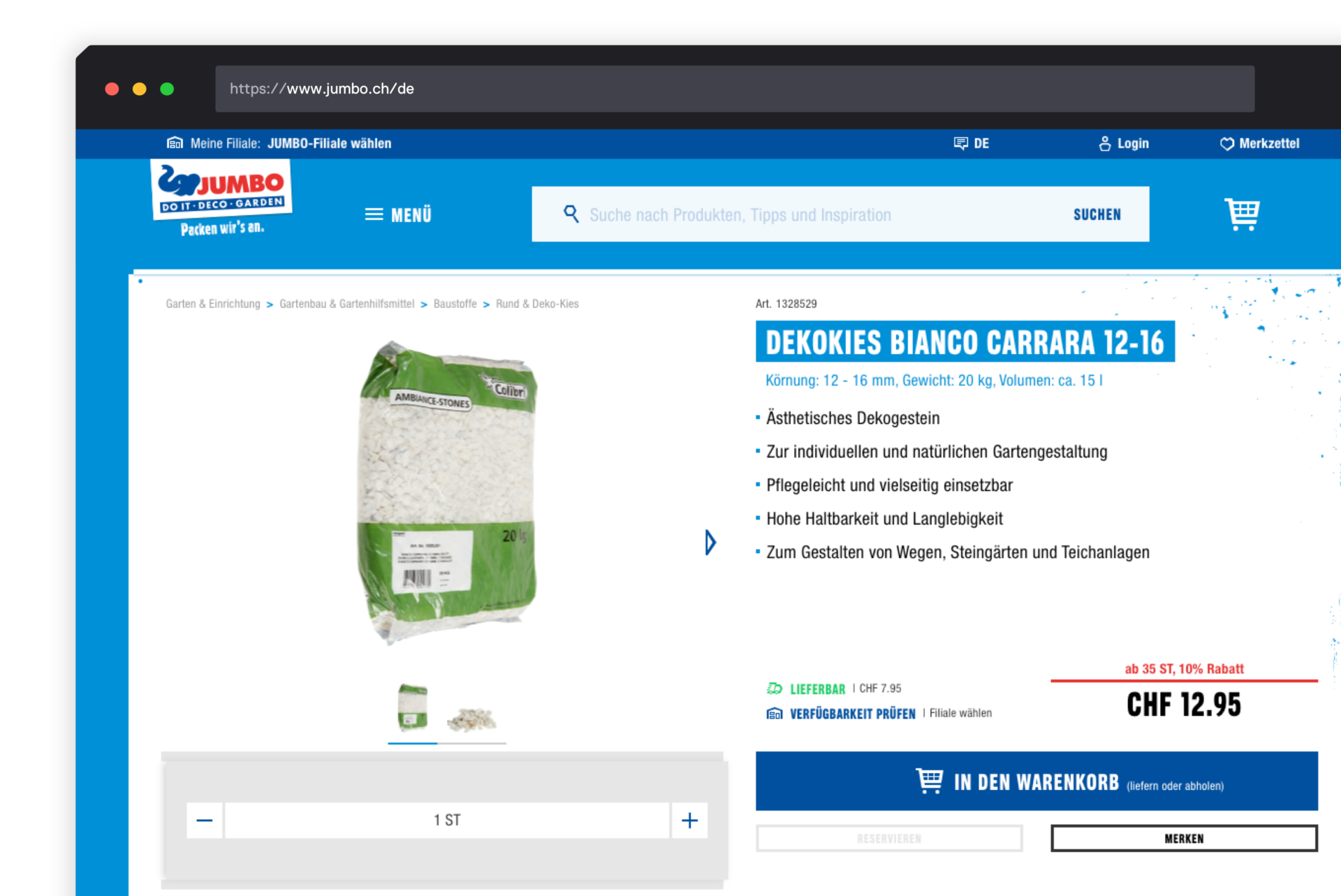 A screenshot of an online store page from Jumbo displaying a product named "Dekokies Bianco Carrara 12-16." It shows a bag of decorative white gravel with detailed descriptions, price (CHF 12.95), and options to add to the cart. The site also features a search bar and navigation menu.