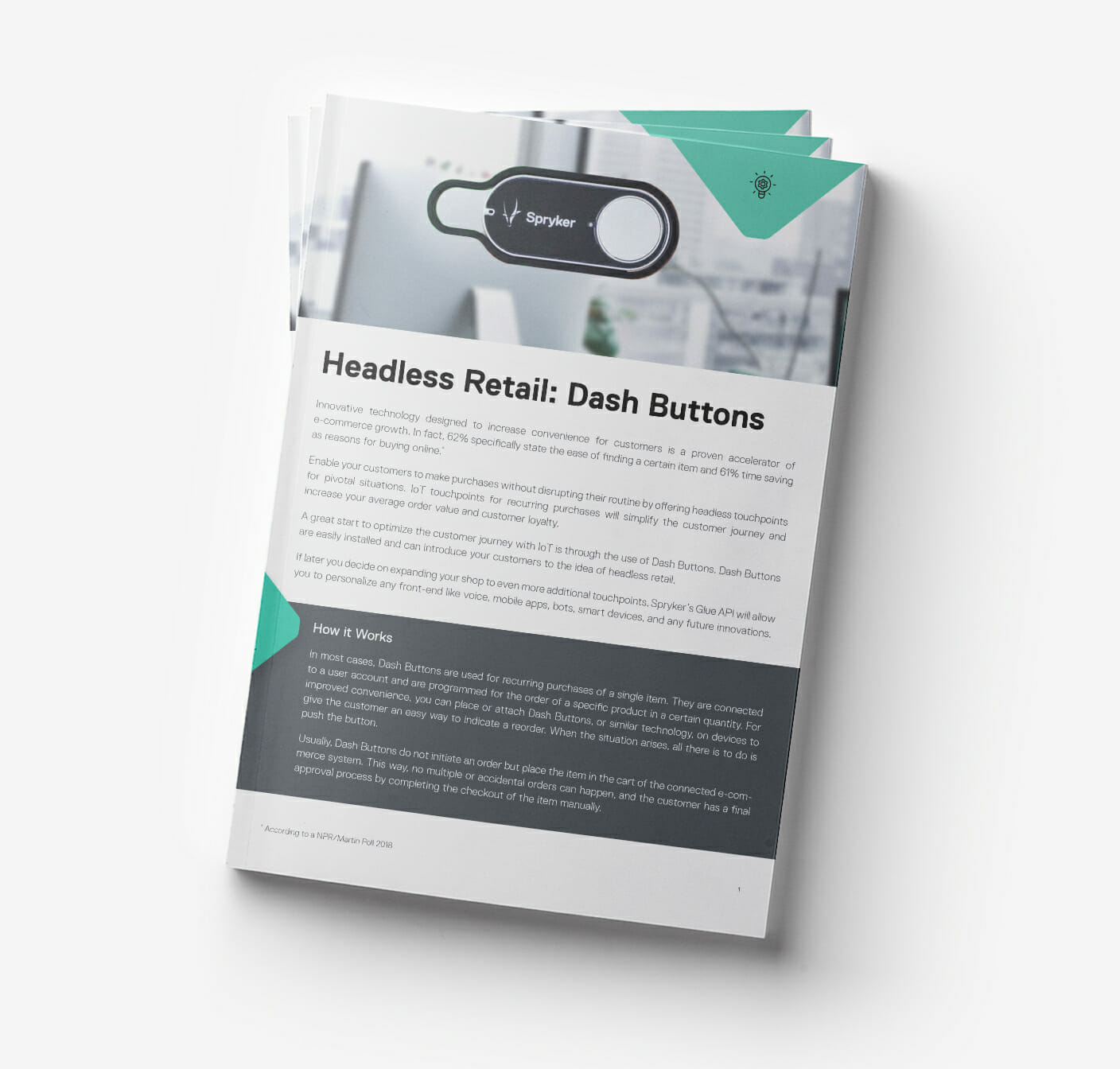 A document titled "Headless Retail: Dash Buttons" featuring comprehensive information about Dash Buttons for retail use, with an image of a sleek black button prominently displayed at the top.