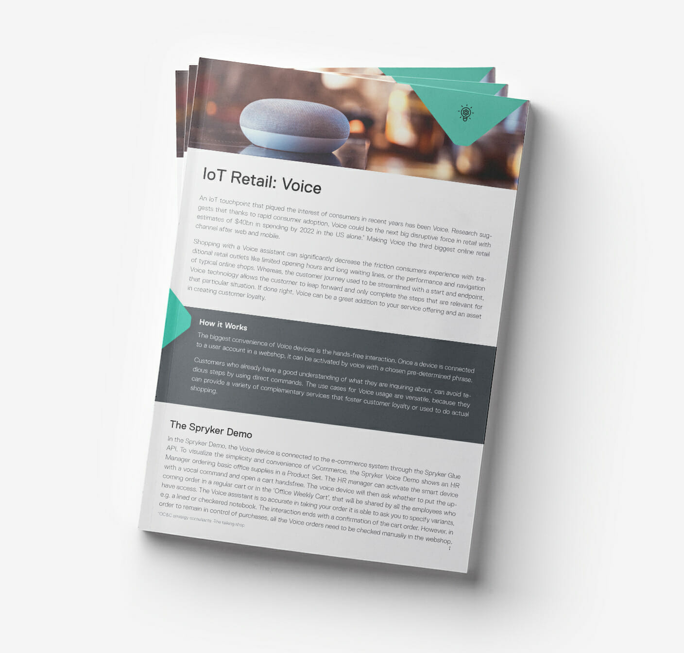 A stack of papers titled "IoT Retail: Voice" detailing innovations in voice-activated retail technology, with a demo of the Spyker, a cutting-edge voice commerce tool for shopping assistance.