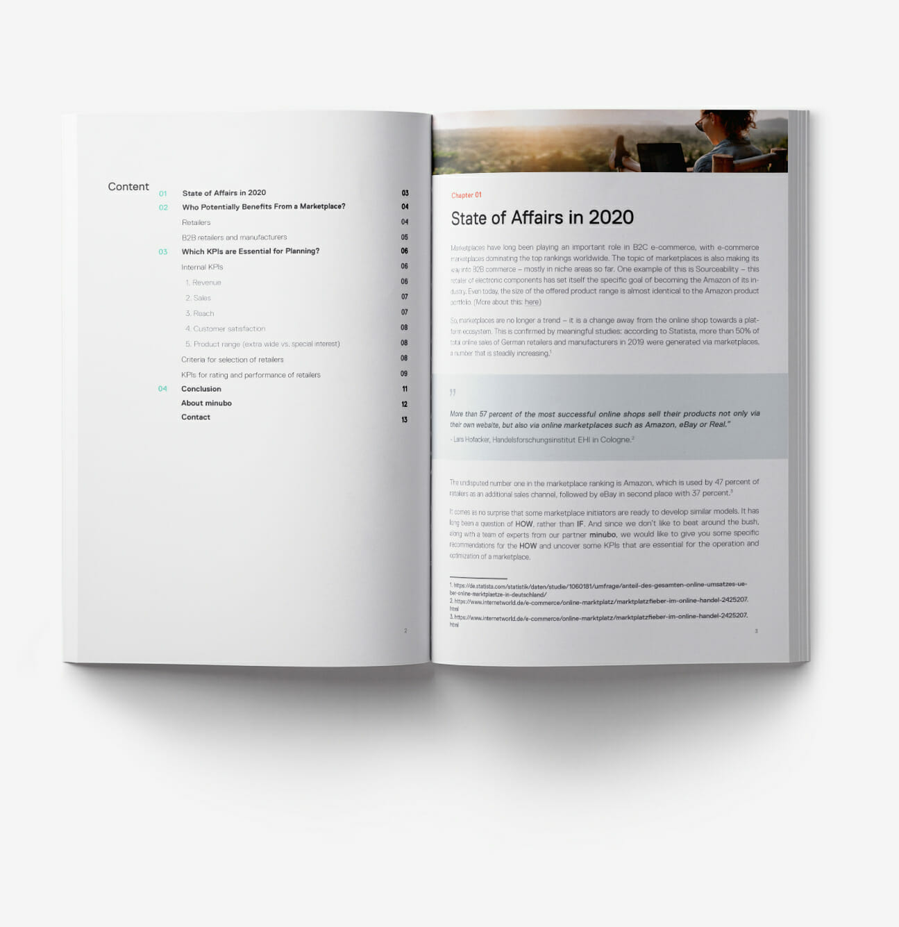 Open book displaying a table of contents on the left page and a section titled "State of Affairs in 2020" on the right page with paragraphs of text, serving as a comprehensive guide to current KPIs within the marketplace.