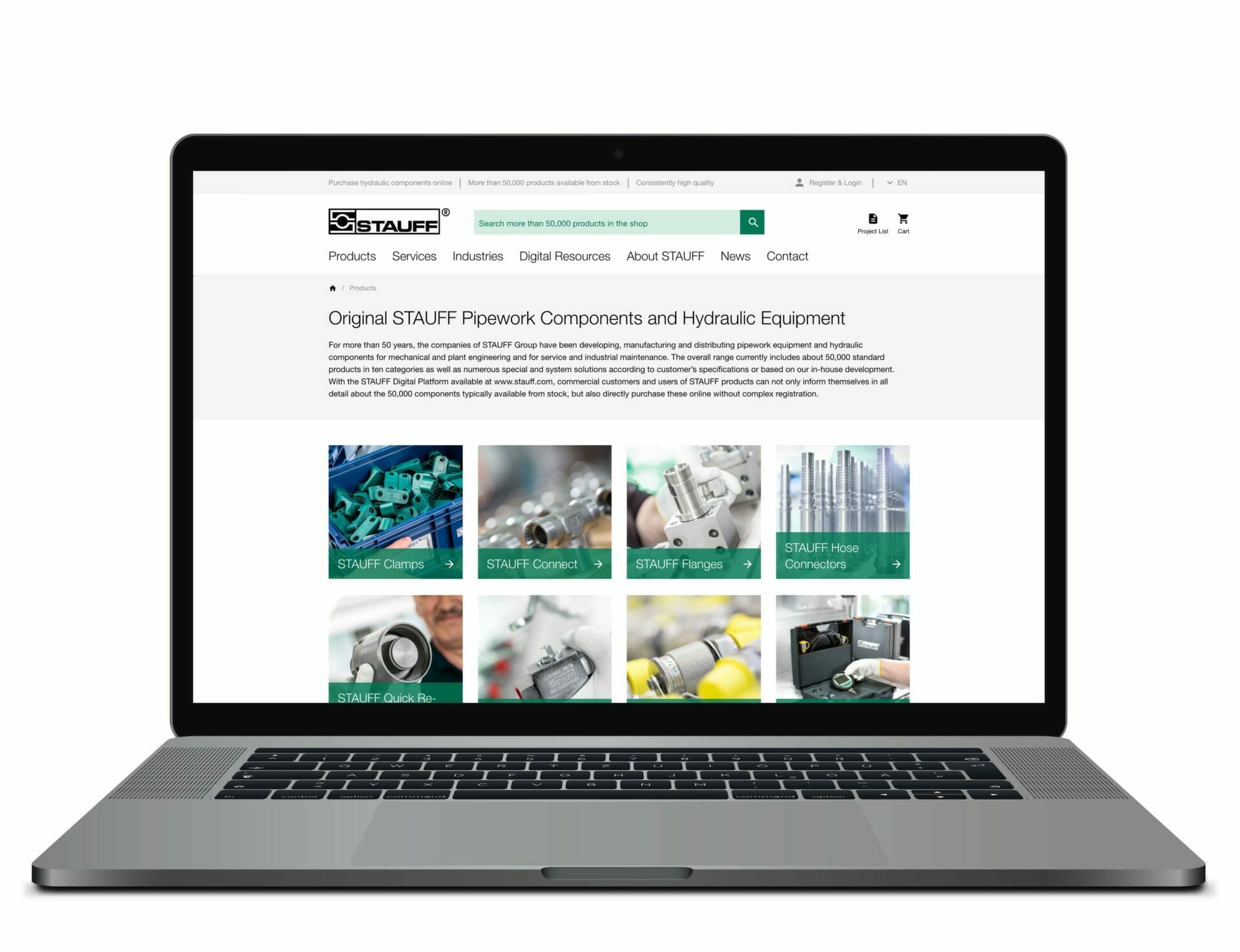 A laptop displays a webpage for STAUFF Pipework Components and Hydraulic Equipment, showcasing various products like clamps, connectors, fixings, hose connectors, quick releases, and tools from the renowned Stauff brand.