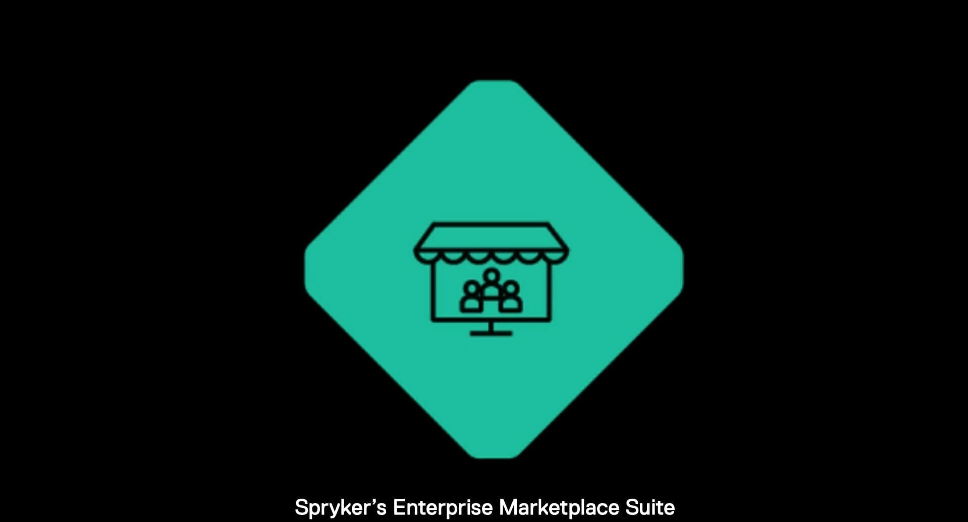 A teal diamond-shaped icon with a storefront graphic in the center. Text at the bottom reads "Spryker's Enterprise Marktplatz Suite.