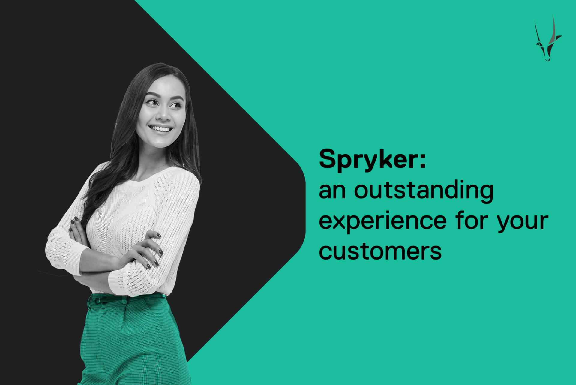 A woman stands with folded arms and smiles. Text reads, "Spryker: an outstanding experience for your customers." The background is a mix of black and green, reflecting a blend of cutting-edge technology like Magento.