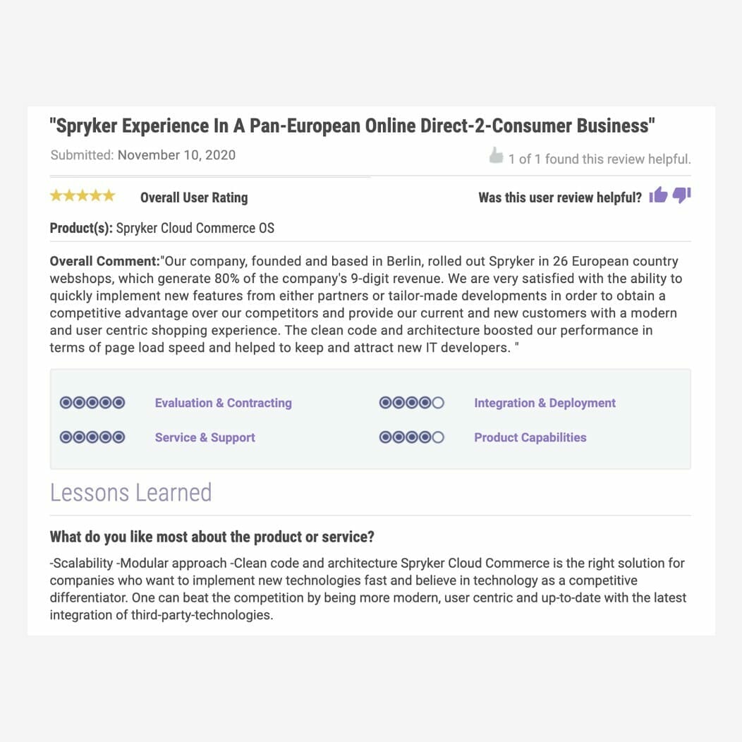 Screenshot of a review titled "Spryker Experience In A Pan-European Online Direct-2-Consumer Business." The review discusses Spryker's performance across 26 European countries, highlighting its scalability and integration capabilities in comparison to competitors like Mirakl.