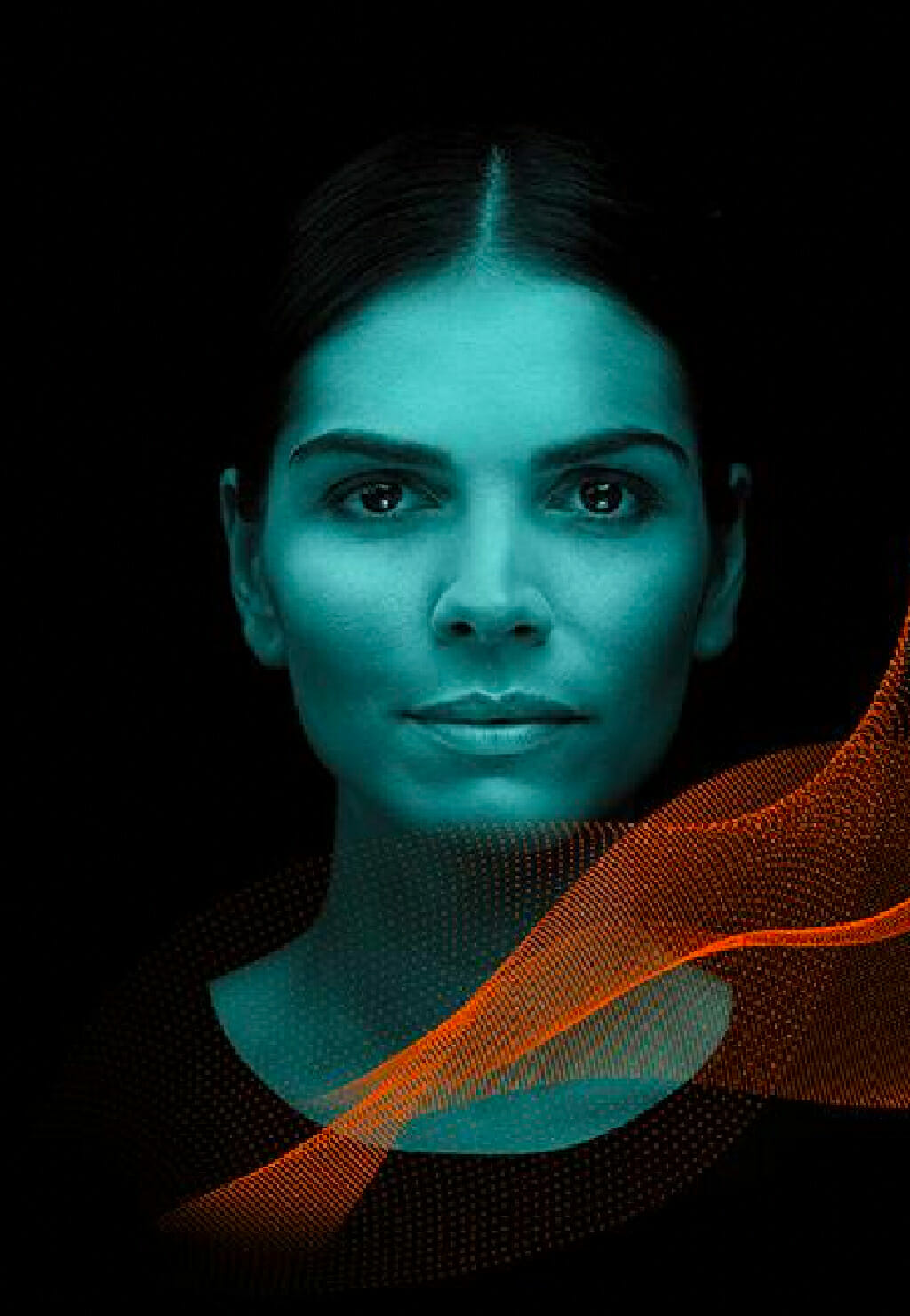 A woman's face with a neutral expression is illuminated in blue on a black background. Orange abstract waves, reminiscent of Spryker OnAir's dynamic visuals, flow in front of her.