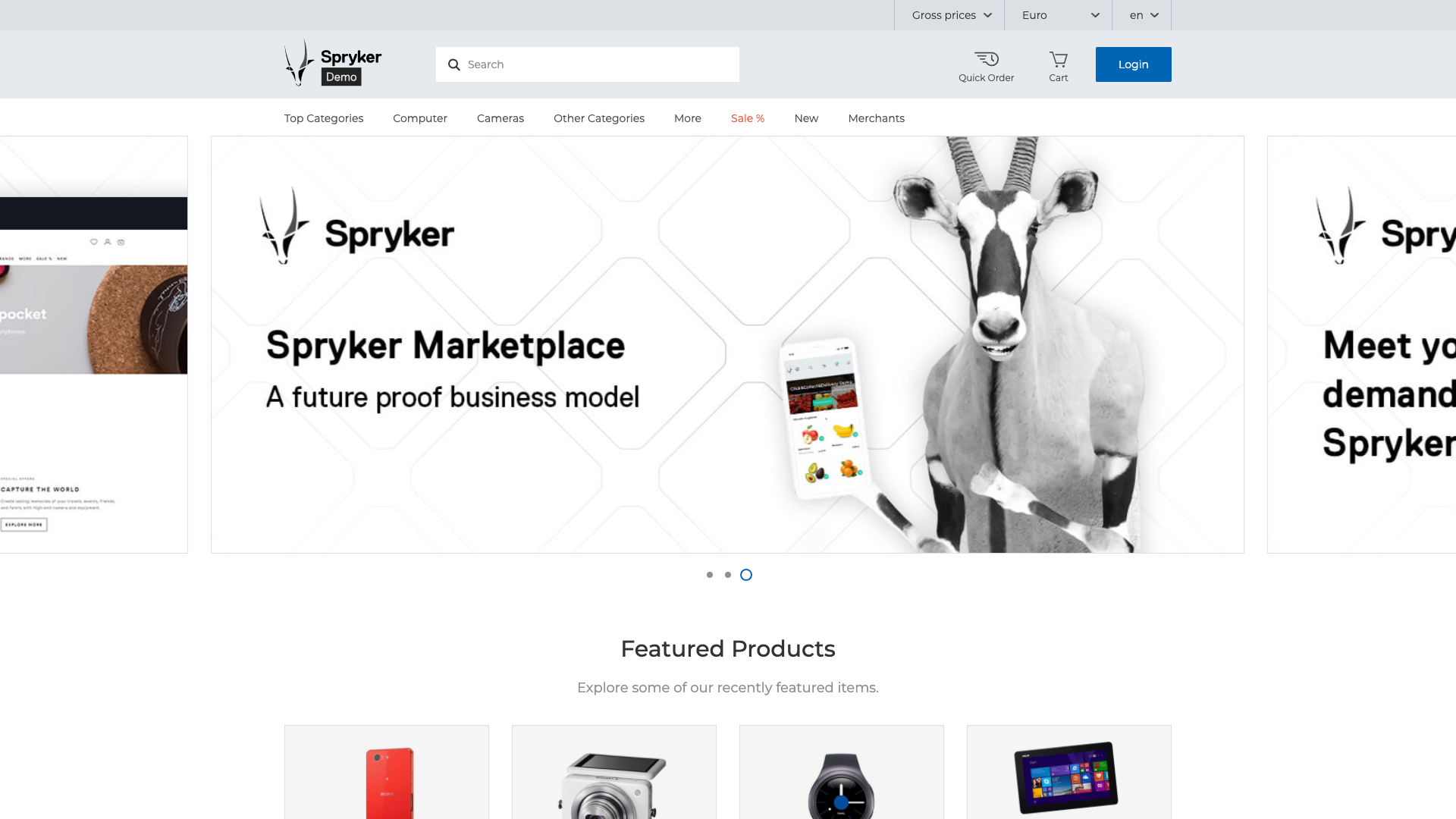 Screenshot of an e-commerce website called Spryker featuring a banner image of a goat and a smartphone. The banner text reads "Spryker Marketplace, a future-proof business model." As a leading Marketplace Platform, it showcases featured products below.