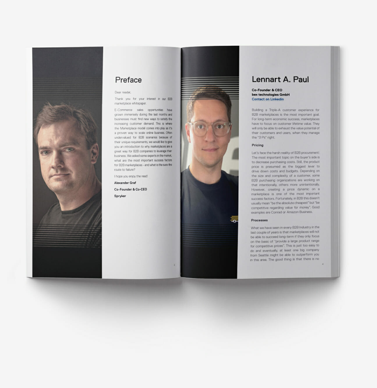 An open book reveals the preface by Alexander Graf on the left page, while the right showcases a profile of Lennart A. Paul, featuring insights and b2b marketplace tips.