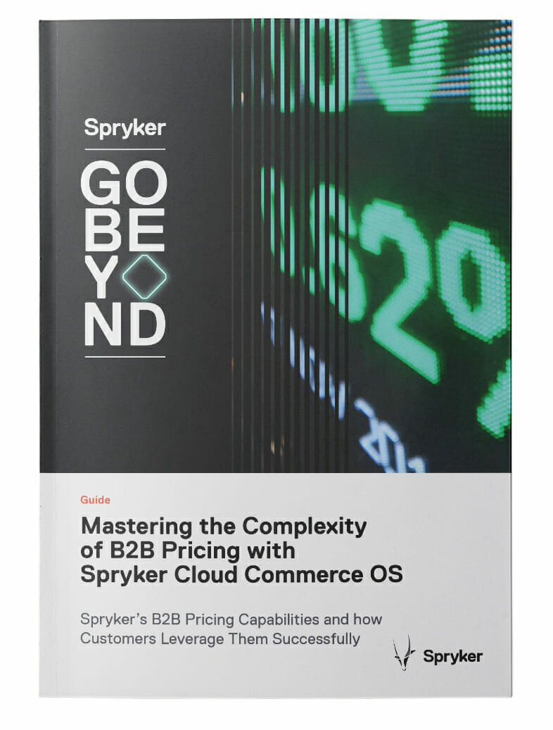 Cover of a Spryker guide titled "Mastering the Complexity of B2B Pricing with Spryker Cloud Commerce OS" featuring green digital numbers in the background.