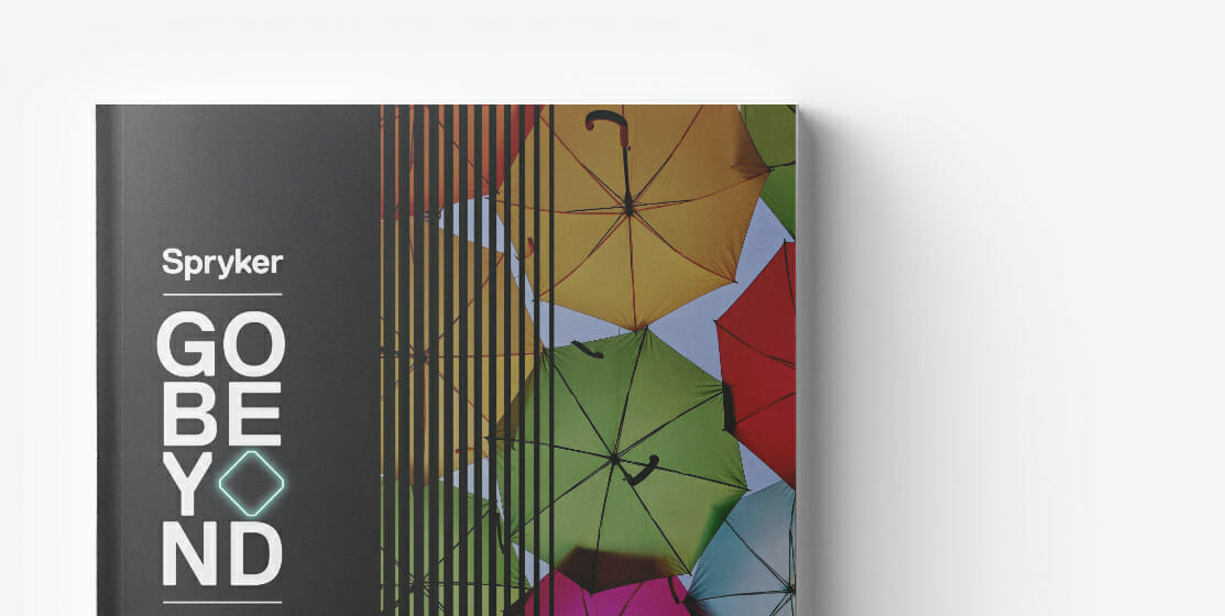 A book cover titled "Spryker Go Beyond" features a colorful array of umbrellas on the right side and vertical lines on the left side, embodying the vibrant spirit of a multi-brand enterprise in the dynamic world of b2b marketplaces.