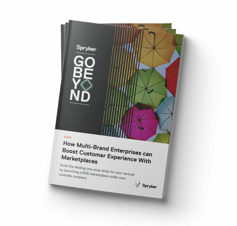 A guide titled "How Multi-Brand Enterprises can Boost Customer Experience With Marketplaces" by Spryker, featuring a cover with colorful umbrellas and the text "GO BEYOND," delves into leveraging B2B marketplaces to enhance customer satisfaction.