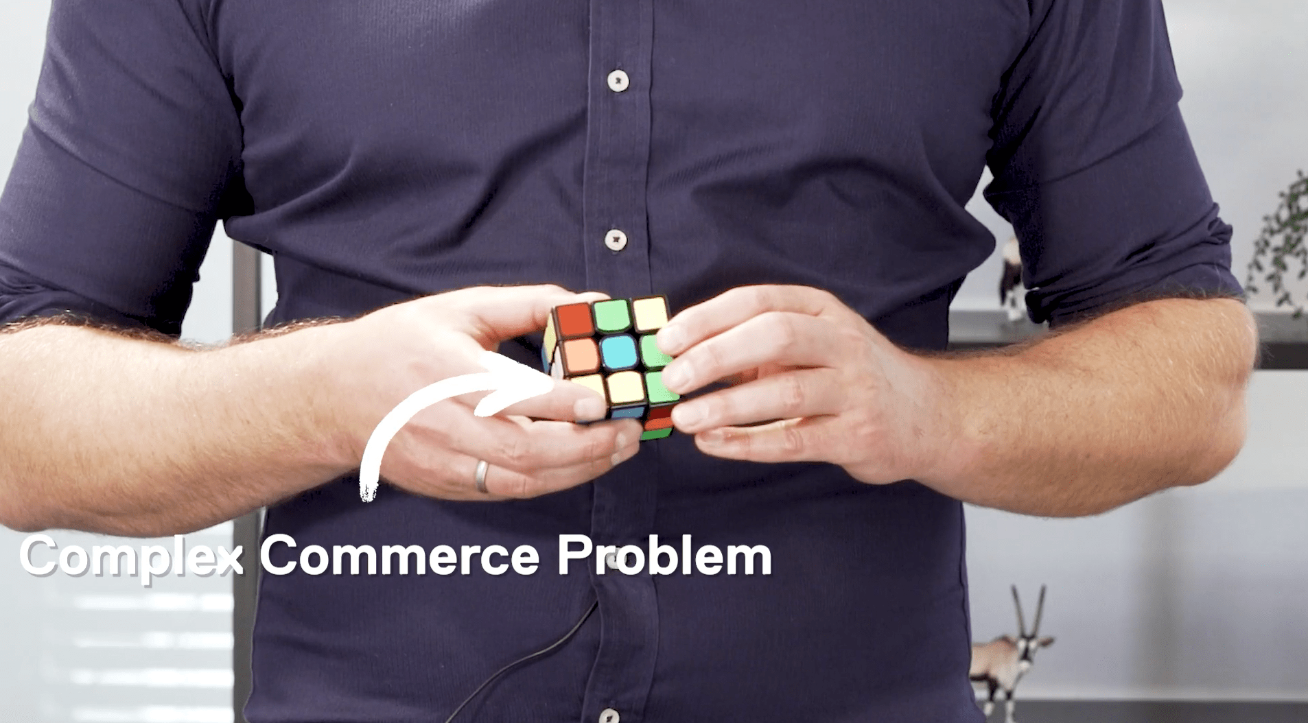 A person in a navy blue shirt is holding a partially solved Rubik's Cube. The text "Magic E-commerce Problem" with an arrow points to the Rubik's Cube.