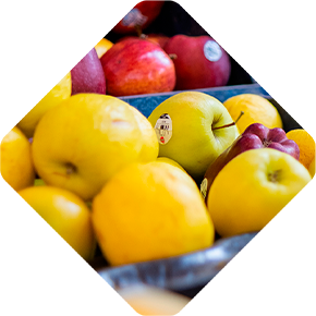 Apples and lemons are displayed in a diamond-shaped frame, set against a metro-inspired backdrop with vibrant yellow, green, and red hues.