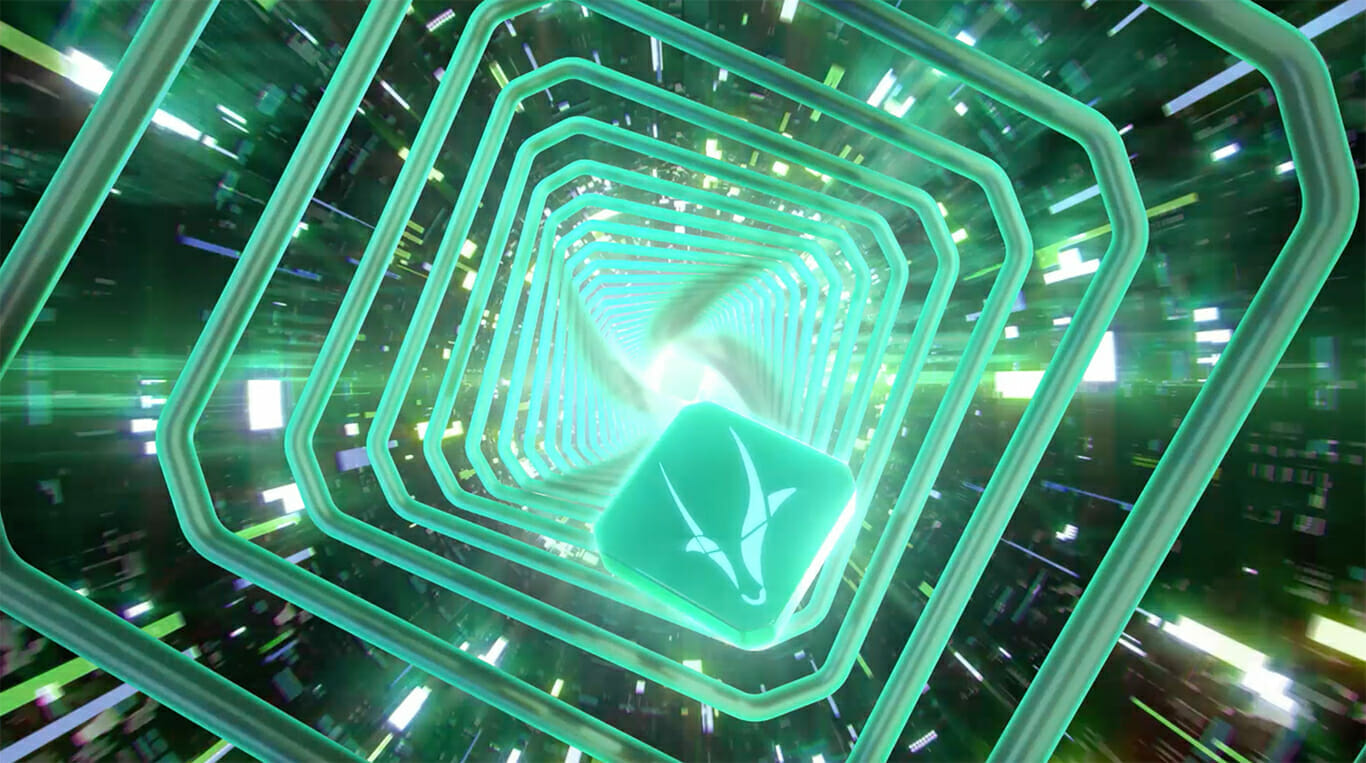 A glowing green geometric tunnel with a floating cube displaying a white abstract logo at its center creates a dynamic and futuristic visual effect, reminiscent of the innovative spirit showcased at EXCITE 2021.