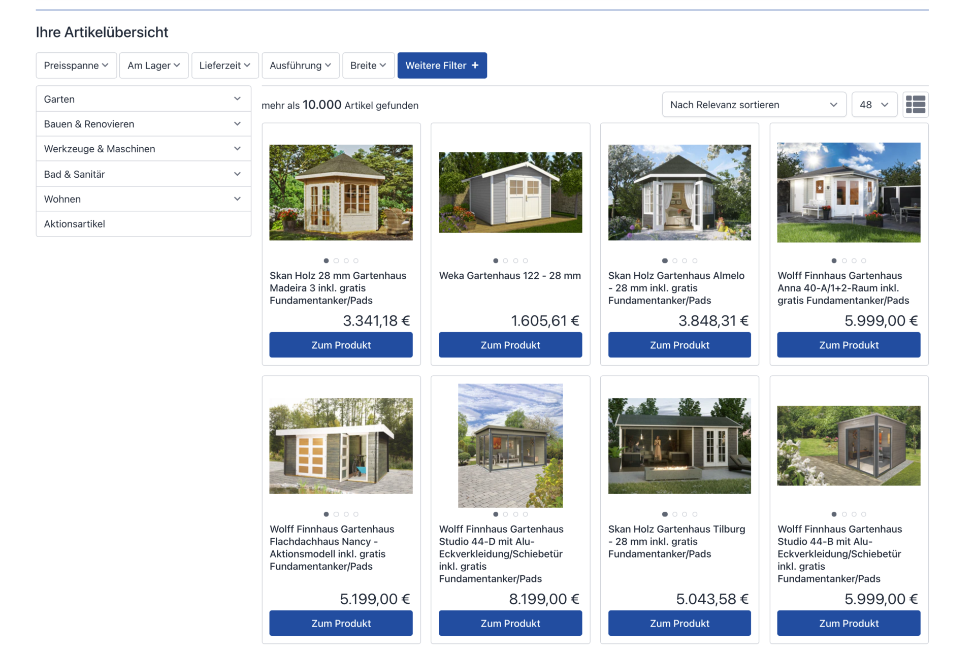 A webpage showcasing an array of garden shed models from Kömpf, featuring their prices and product details. Filters on the left let you sort by price range, category, size, and other specifications.