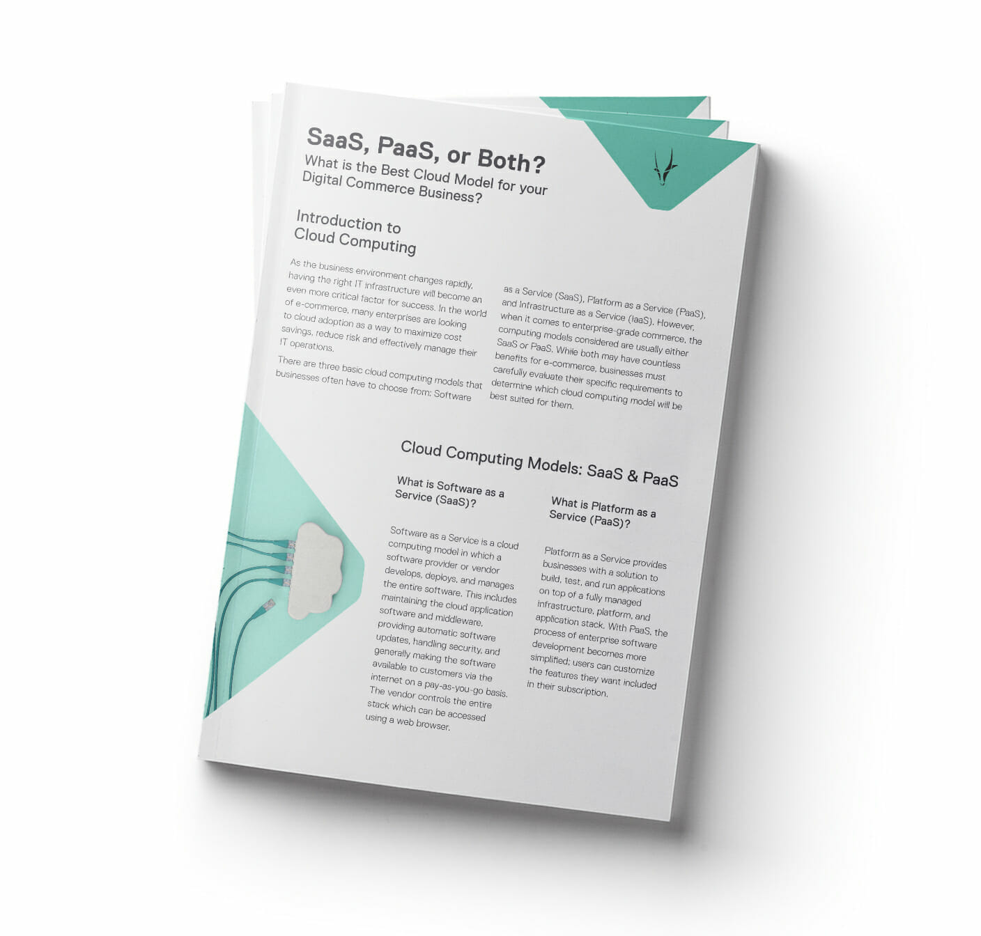 A brochure titled "SaaS vs. PaaS: What is the Best Cloud Model for your Digital Commerce Business?" providing an introduction to cloud computing and the differences between SaaS and PaaS.