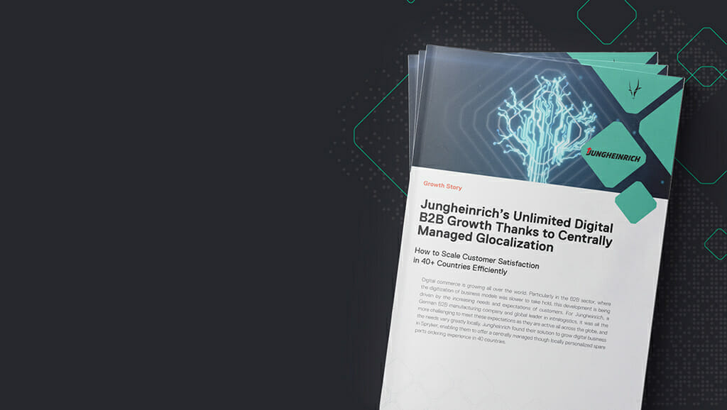 A stack of business documents titled "Jungheinrich’s Unlimited Digital B2B Growth Thanks to Centrally Managed Glocalization" with a cover image of a blue digital tree and the Jungheinrich Growth logo.