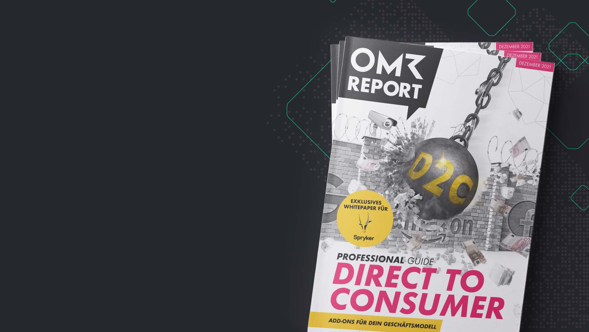 Cover of a marketing report titled "OMR REPORT: Direct to Consumer," featuring a yellow and black design with D2C symbolism and various related graphics. Text highlights "Exclusive Whitepaper.