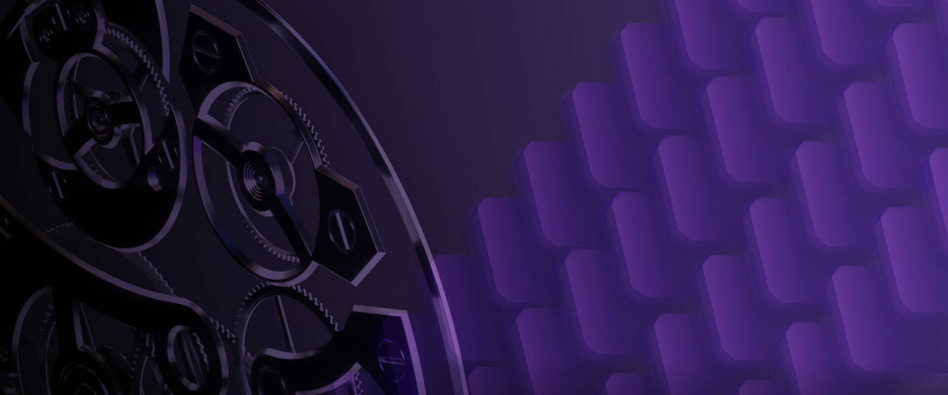 Close-up of intricate mechanical gears on the left and a geometric purple textured pattern on the right, capturing the innovative spirit of Spryker EXCITE 2022.