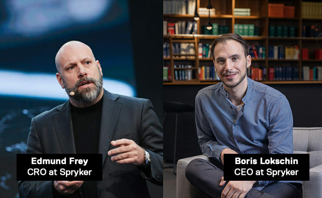 Two men are shown in separate images: the left image features Edmund Frey, CRO at Spryker, speaking at a B2B online event in Orlando, while the right image features Boris Lokschin, CEO at Spryker, seated in front of a bookshelf.