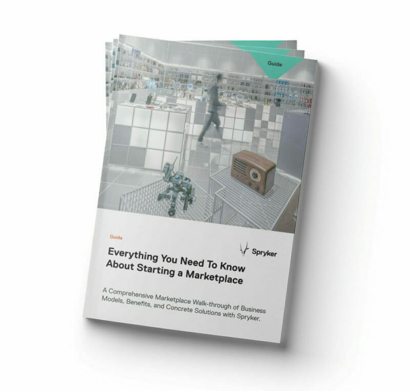 Three stacked guides titled "Everything You Need to Know About Starting a Marketplace" by Spryker, featuring a cover image of a modern retail space with shelves, products, and a 3D model. This is an essential read for anyone looking to build a B2B marketplace for Nordics.