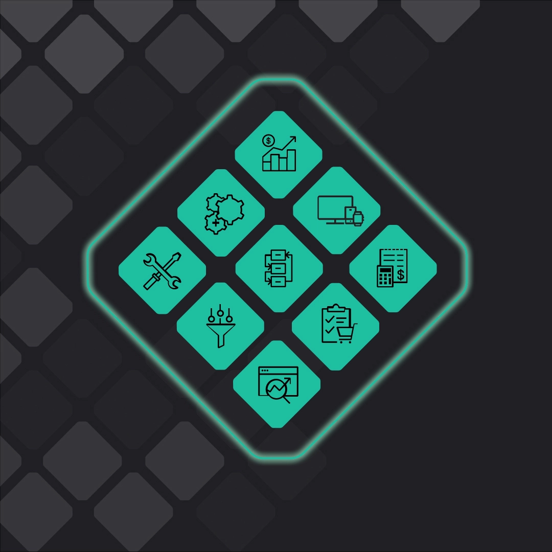 iamond-shaped graphic containing several smaller diamonds featuring different app icons
