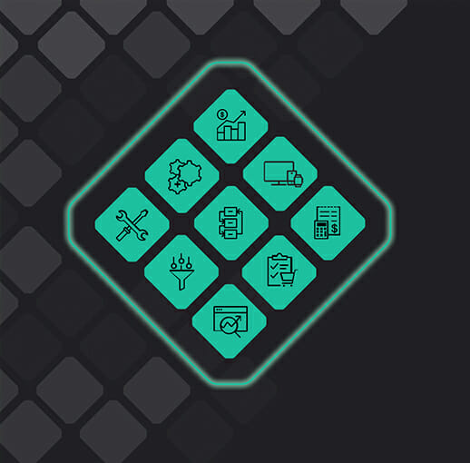 Diamond-shaped graphic containing several smaller diamonds featuring different app icons