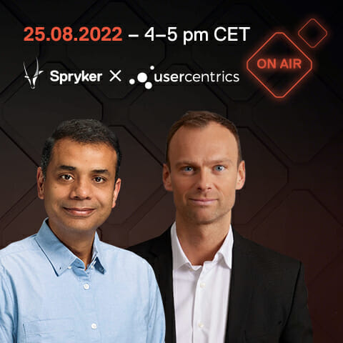 Two men stand side by side, one in a blue shirt and the other in a white shirt and black jacket, with event details "25.08.2022 - 4-5 pm CET" and logos of Spryker and Usercentrics in the background. The session is onair for all to join.