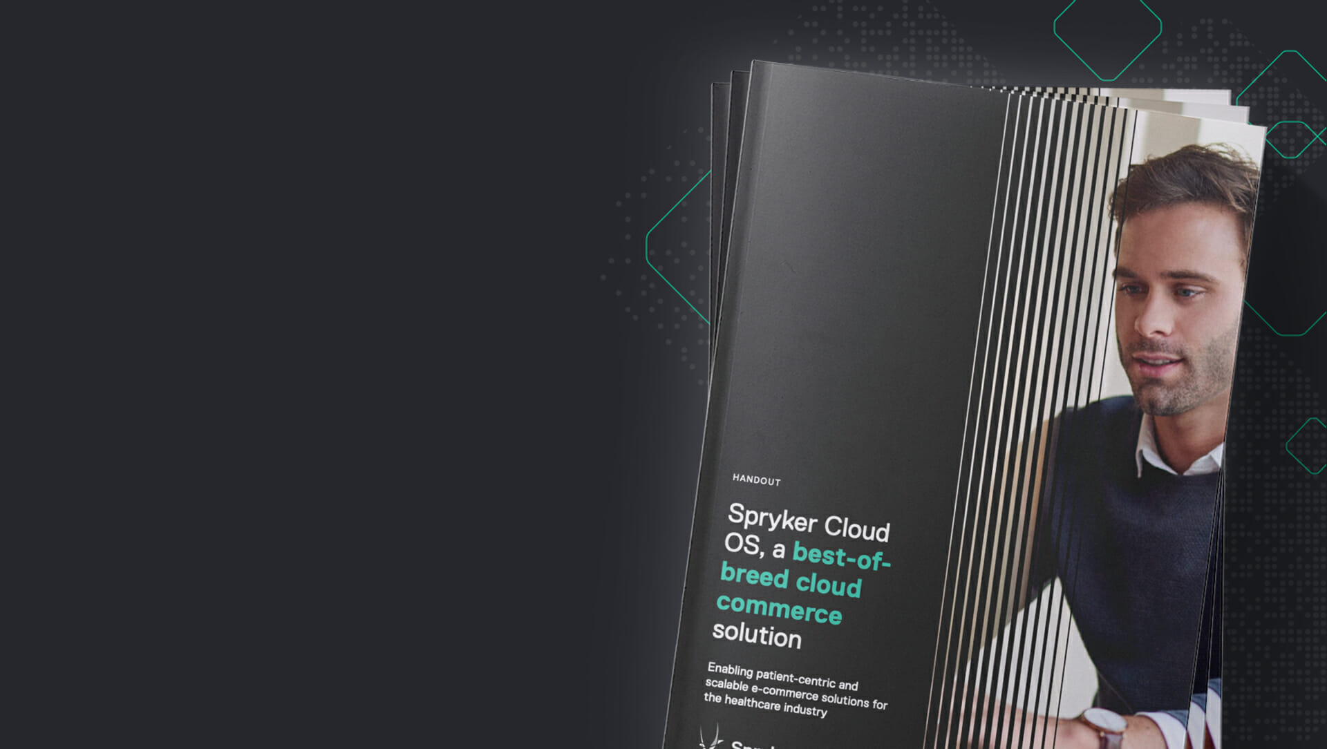 Brochure titled "Spryker Cloud OS, a best-of-breed cloud commerce solution" featuring a man on the right side and text on the left. Background is dark with geometric accents.