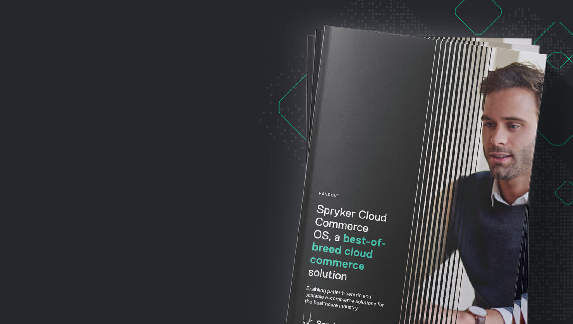 Brochure cover showcasing a man in a sweater and a headline promoting Spryker Cloud as a best-of-breed cloud commerce solution.