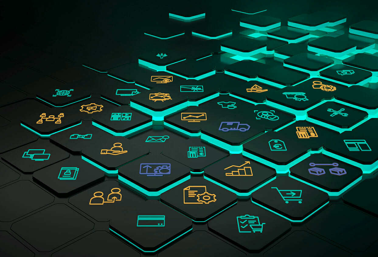 A digital illustration depicting interconnected hexagonal blocks with various business and technology icons, including microservices and PBCs, illuminated in green and orange.