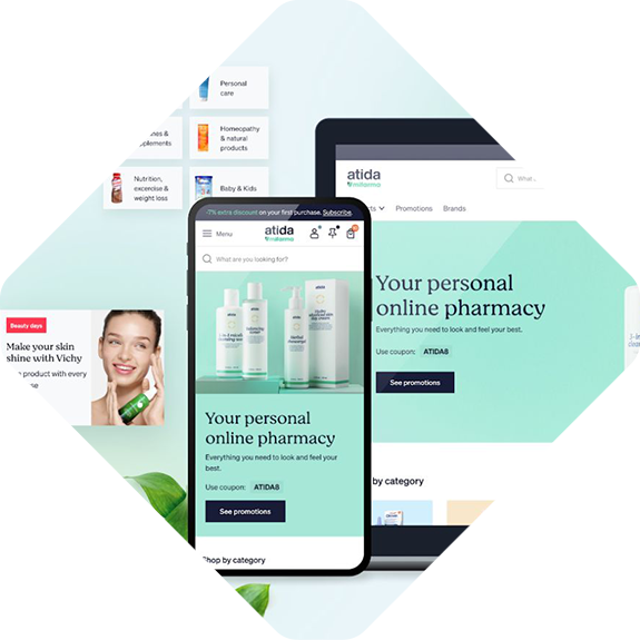 Image showing the homepage of the online pharmacy website, Atida, on a phone, tablet, and computer screen. The site offers health and beauty products with a promotion code displayed.