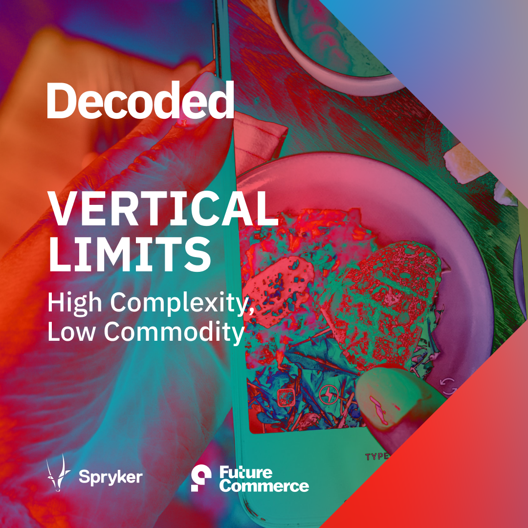 Promotional banner for "Decoded: Vertical Limits," featuring the tagline "High Complexity, Low Commodity." Logos of Spryker and Future Commerce are prominently displayed at the bottom.