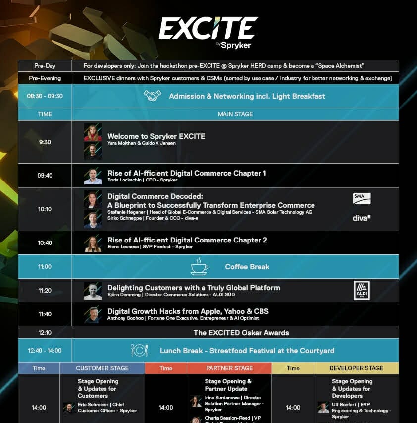 A detailed schedule of Spryker EXCITE 2023 event listing sessions, speakers, and topics with time slots. The event features chapters on digital commerce, customer delight, and more, with a lunch break included.