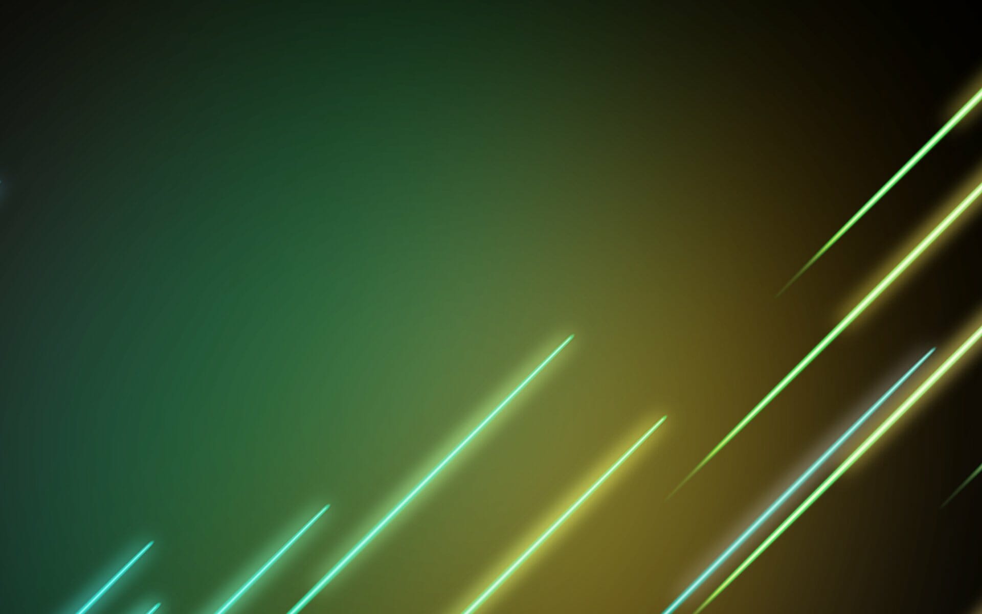 Abstract background with diagonal streaks of green and yellow light on a gradient dark background, showcasing the vibrant energy reminiscent of Spryker EXCITE 2023.