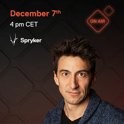 Promotional image features a man with dark hair in a blue sweater. Text reads "December 7th, 4 pm CET," "Spryker," and "#onair.