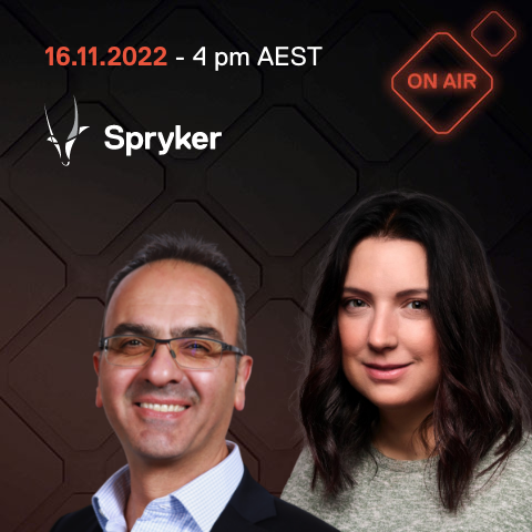 Two people are pictured below a logo, date, time, and an "ONAIR" sign for a Spryker event on November 16, 2022, at 4 pm AEST.