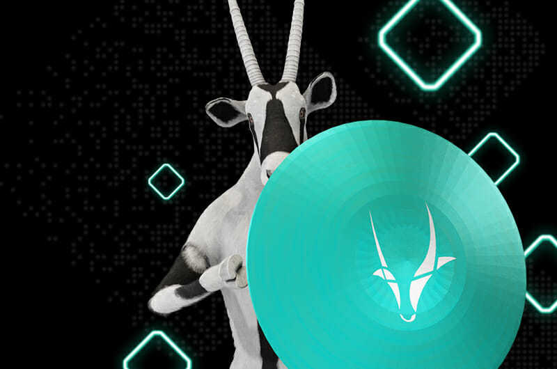 A black and white anthropomorphic antelope holding a turquoise circular object with an antelope logo, against a black background with glowing geometric shapes, symbolizes crisis-proof business practices.